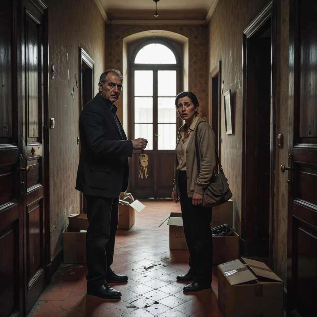 A photorealistic image depicting a tense moment between a landlord and a tenant in an Italian apartment building hallway, symbolizing the eviction process without showing any legal documents.