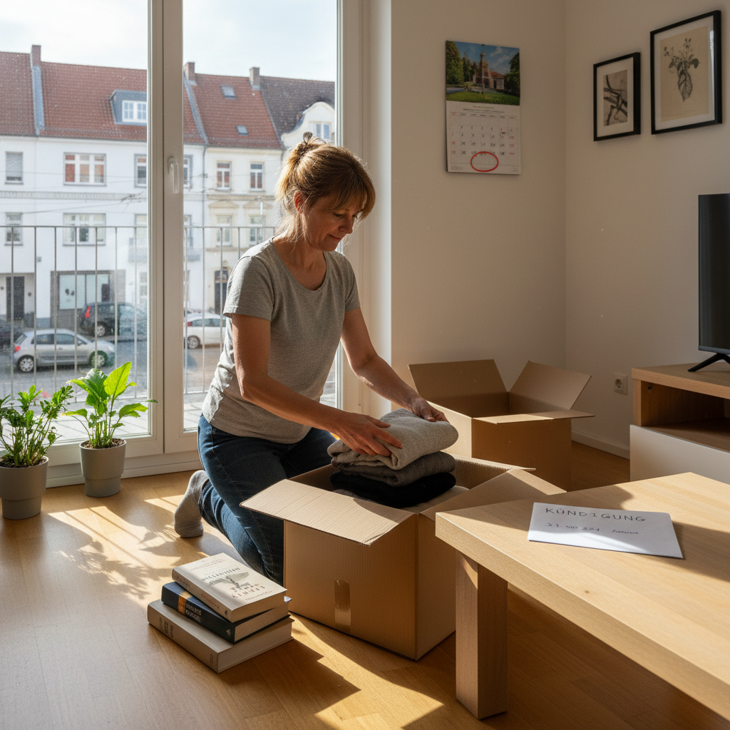 A photorealistic image of an adult tenant packing moving boxes in a modern German apartment, with a calendar and notice letter on a table in the background, symbolizing the end of a rental lease period.