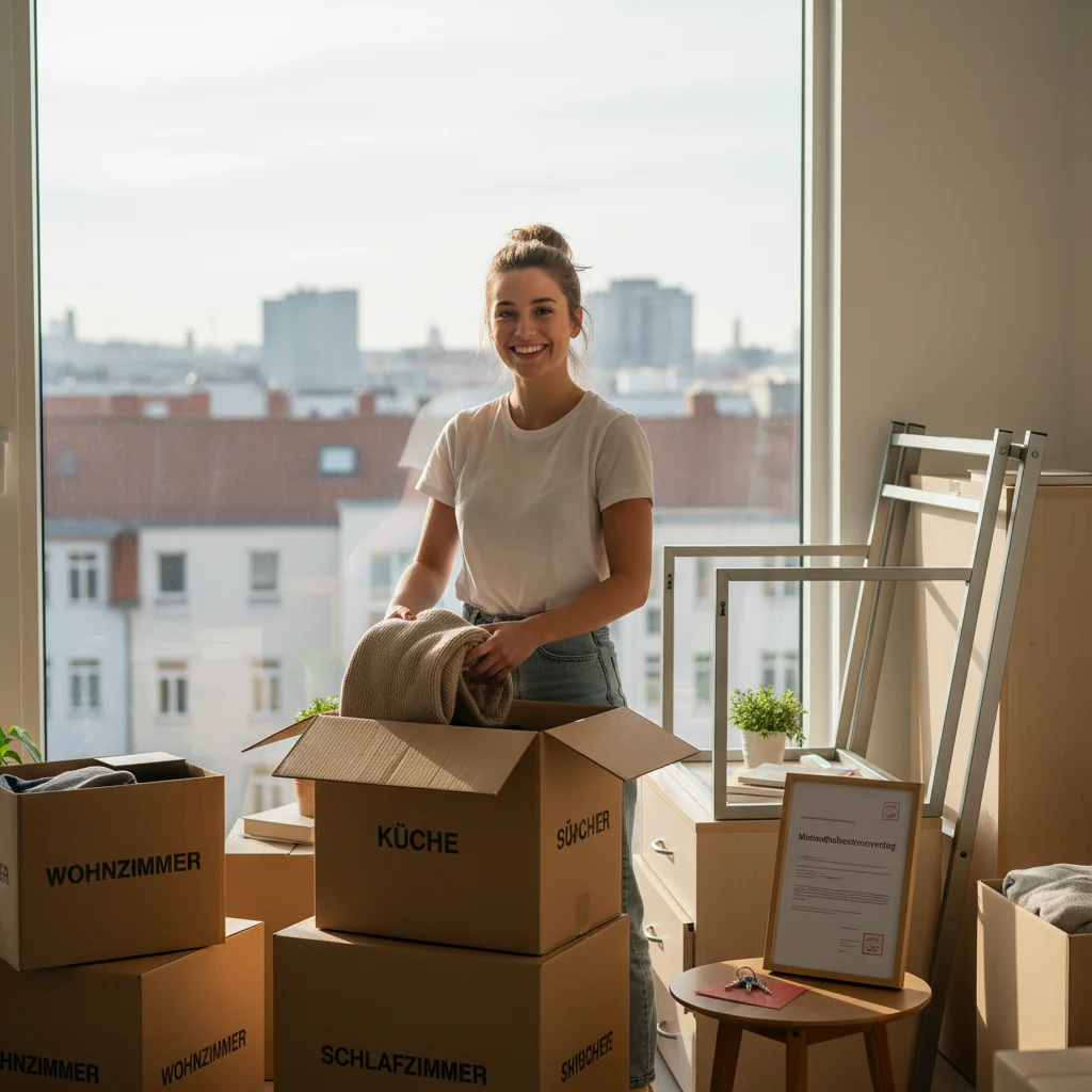A photorealistic image of a young adult woman packing boxes in a modern German apartment, preparing to move out, with moving boxes, furniture, and a window showing a cityscape outside. The scene conveys a sense of organized transition and relief, relating to ending a rental lease legally.
