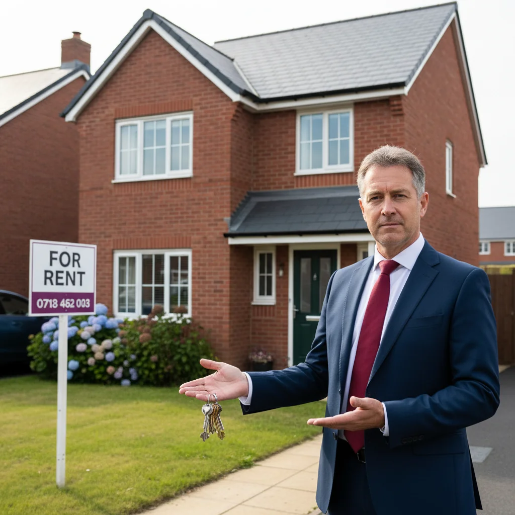 A photorealistic image of a professional adult landlord standing confidently outside a modern residential property in the UK, holding a set of keys, symbolizing the process of seeking possession and regaining control of a property, with no legal documents visible, no children present, in a realistic daylight setting.