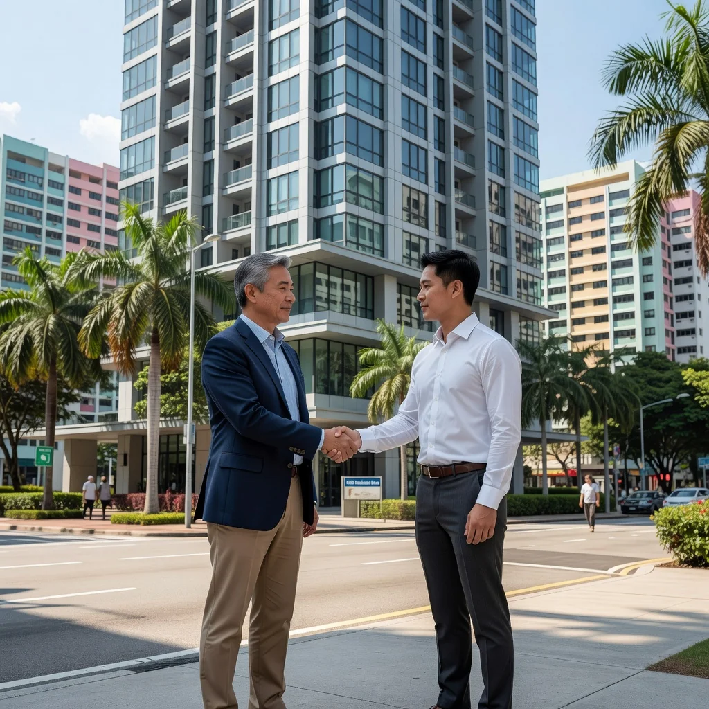 A photorealistic image depicting a professional scenario related to tenancy termination in Singapore, such as a landlord and tenant shaking hands amicably outside a modern apartment building in an urban Singapore neighborhood, symbolizing the resolution process of a notice to quit without conflict. No legal documents are visible. The scene is set during a sunny day with elements like palm trees or HDB blocks in the background to evoke Singapore's residential landscape. Importantly, no children are present in the image, and it must be strictly photorealistic, not a graphic, drawing, or illustration.