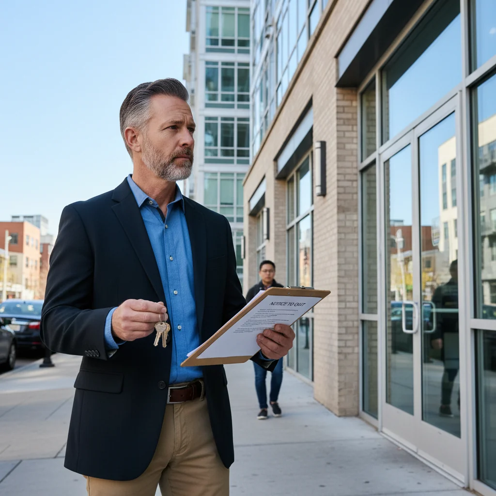 A photorealistic image of a professional landlord standing outside an apartment building, holding keys and looking thoughtful, symbolizing the eviction or tenancy termination process in the US, with no children present.