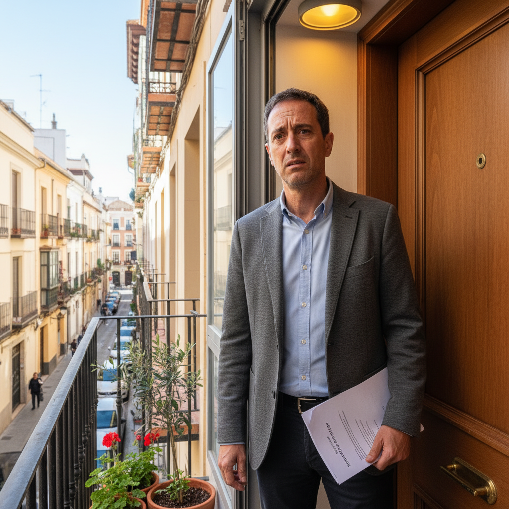 A photorealistic image depicting a tense landlord in a modern Spanish apartment, standing at the door with eviction notice in hand, looking concerned about unpaid rent, with subtle Spanish urban elements in the background like a balcony overlooking a city street, no children present.