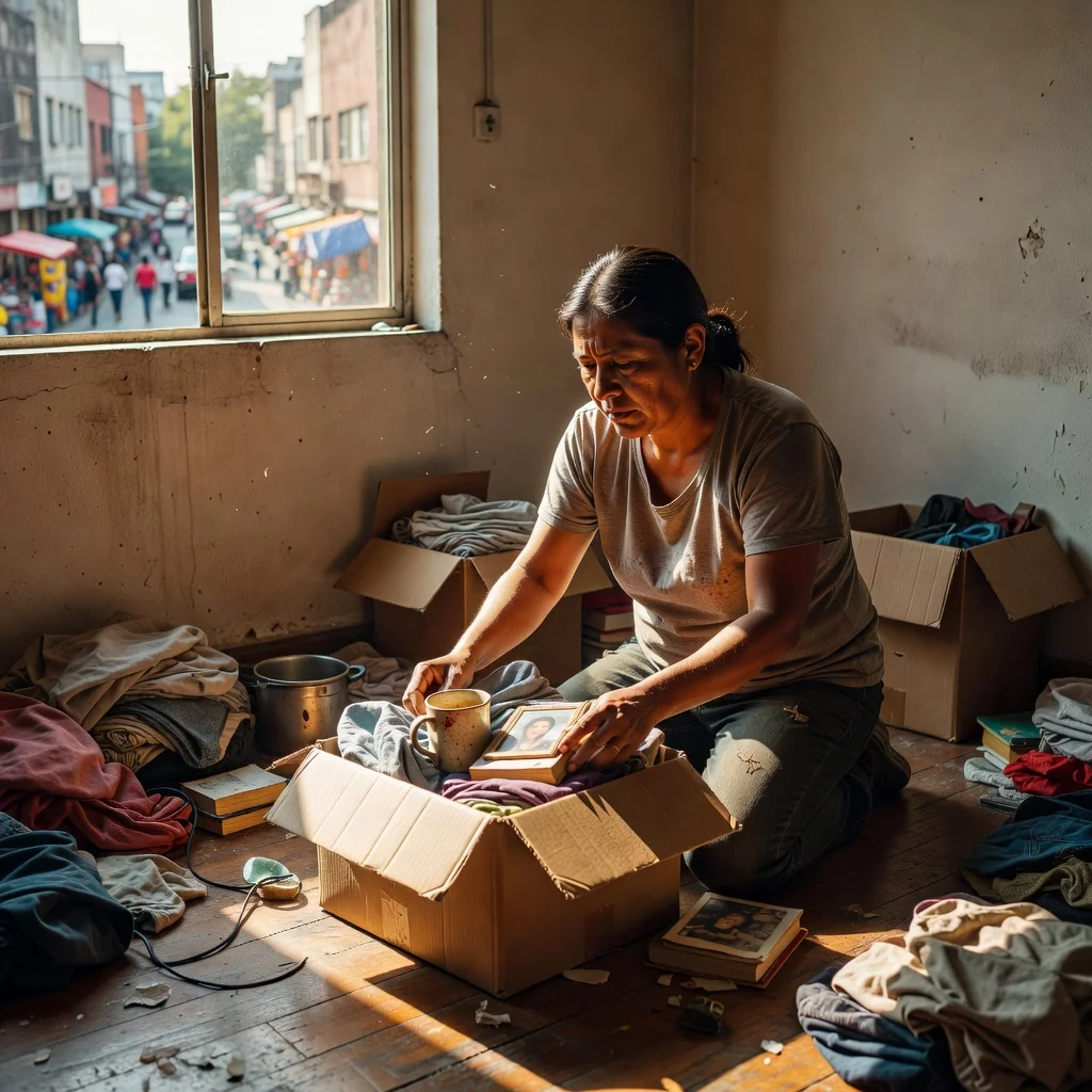 A photorealistic image of an adult tenant packing boxes and preparing to move out of an apartment in Mexico, with a concerned expression, symbolizing the eviction process without showing any legal documents.