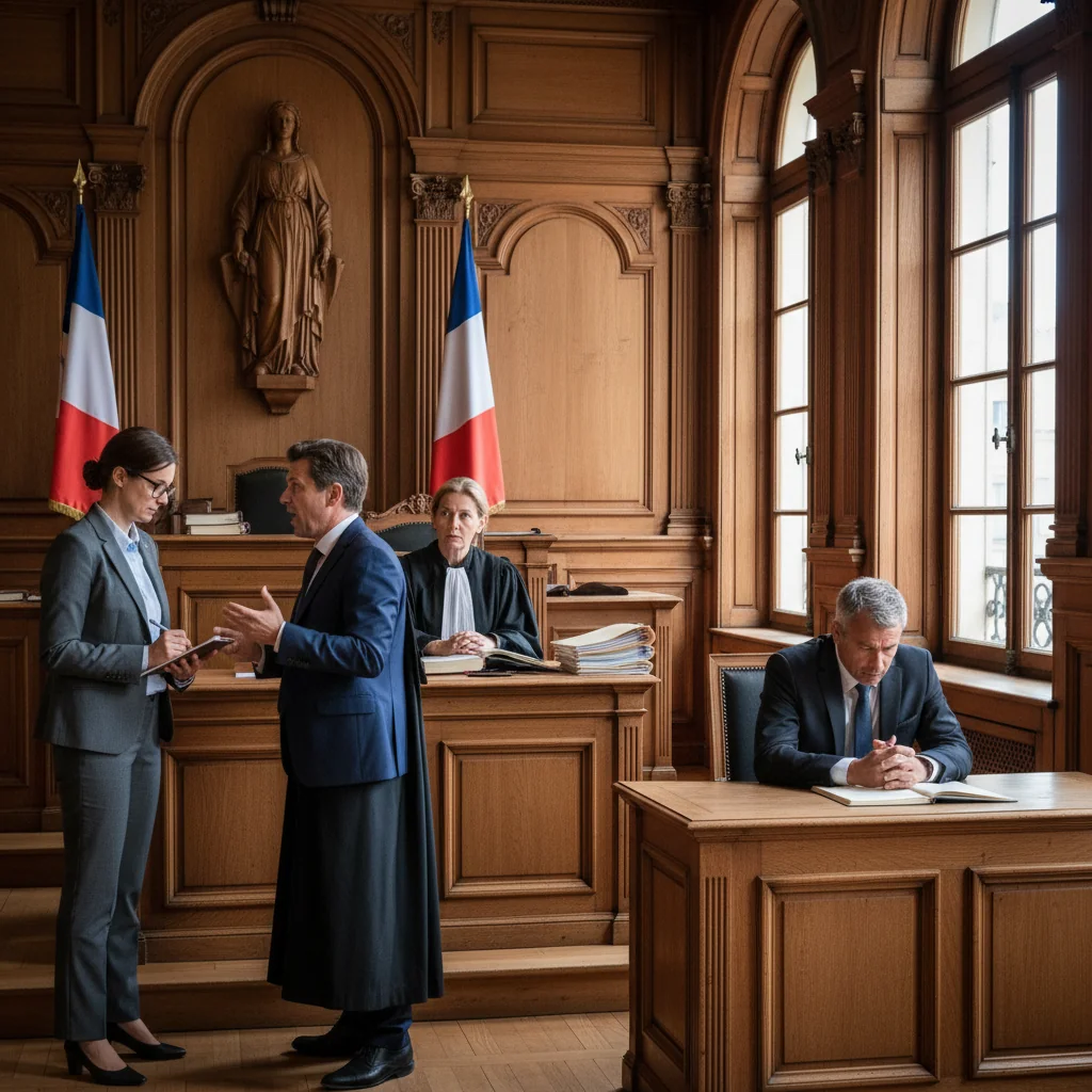 A photorealistic image of a professional French courtroom scene, showing a judge in robes presiding over a civil case, with lawyers presenting arguments to a defendant who appears concerned about a financial dispute, evoking the tension and formality of legal proceedings related to debt recovery or payment orders in France, no children present, no documents visible.