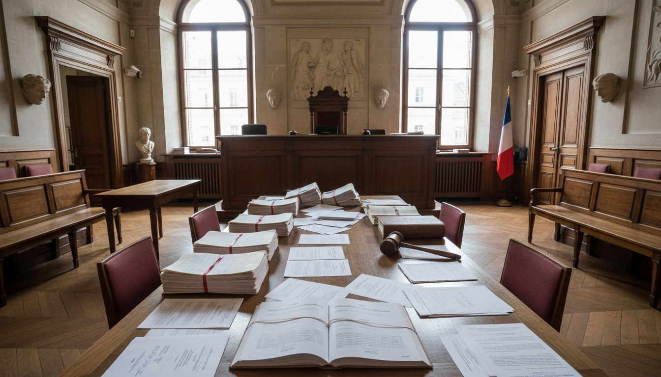 French courtroom with legal documents