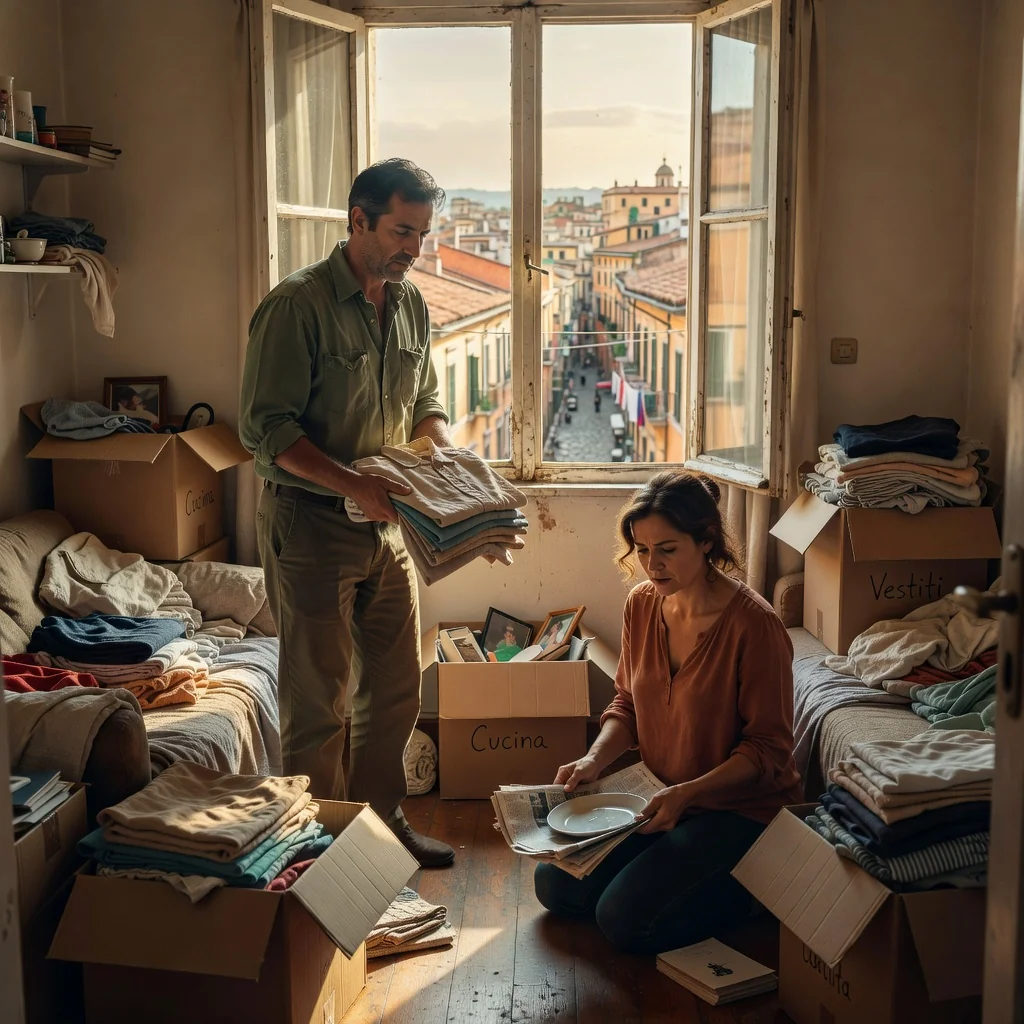 A photorealistic image depicting the emotional distress of eviction in Italy, showing an adult Italian family packing their belongings in a modest apartment in an urban setting like Rome, with moving boxes and a sense of urgency, no children visible, emphasizing the purpose of an eviction notice document.