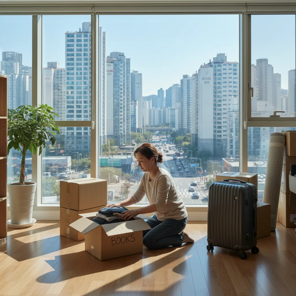 A photorealistic image of an adult tenant packing boxes and preparing to move out of an apartment in South Korea, symbolizing the eviction notice process without showing any legal documents. The scene includes modern Korean urban housing elements like high-rise apartments in the background, with the tenant looking thoughtful and organized. No children are present in the image.