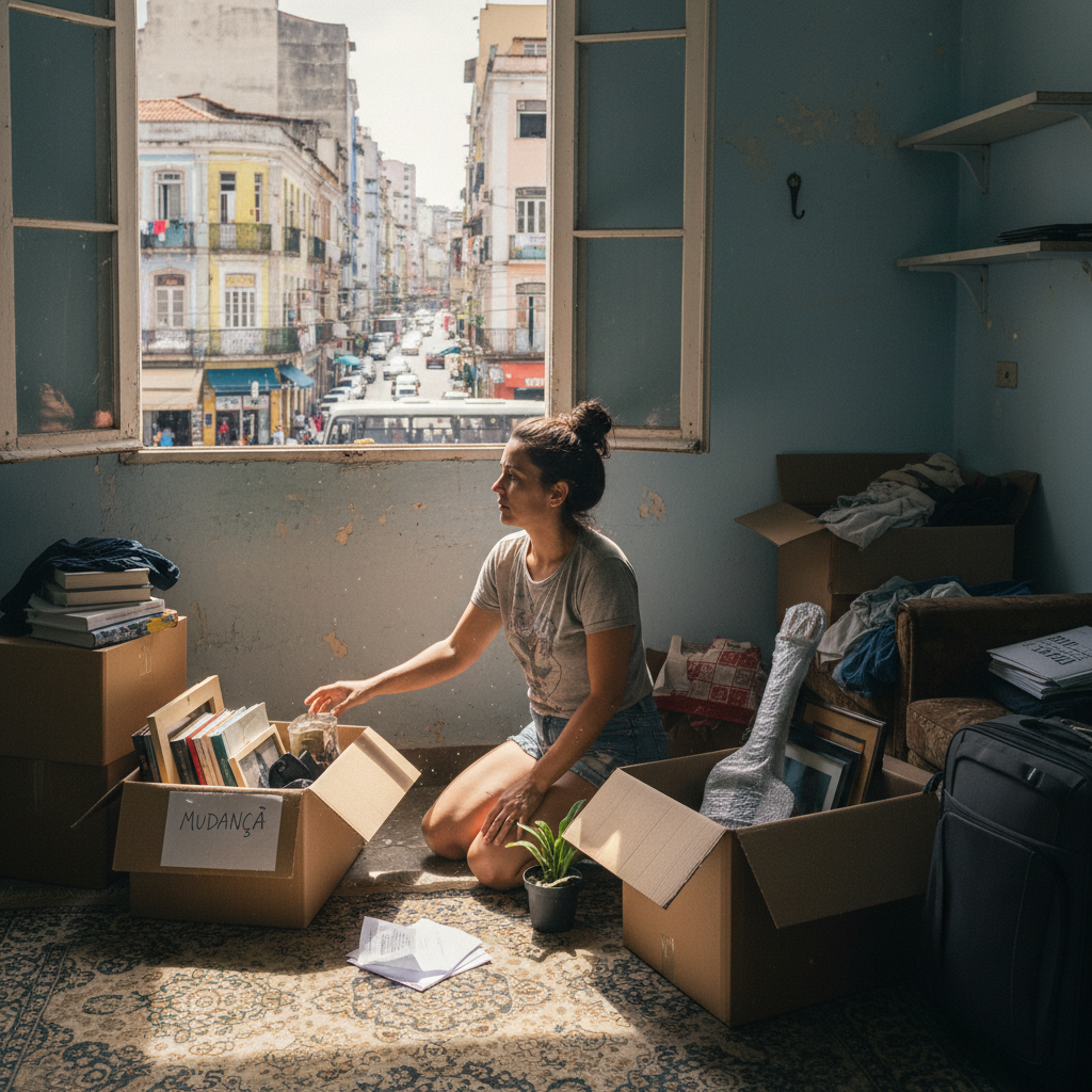 A photorealistic image of an adult tenant packing belongings in a modest Brazilian apartment, symbolizing the eviction process, with a sense of relocation and change, set against a typical urban Brazilian backdrop like a city street view from a window. No children are present in the scene.