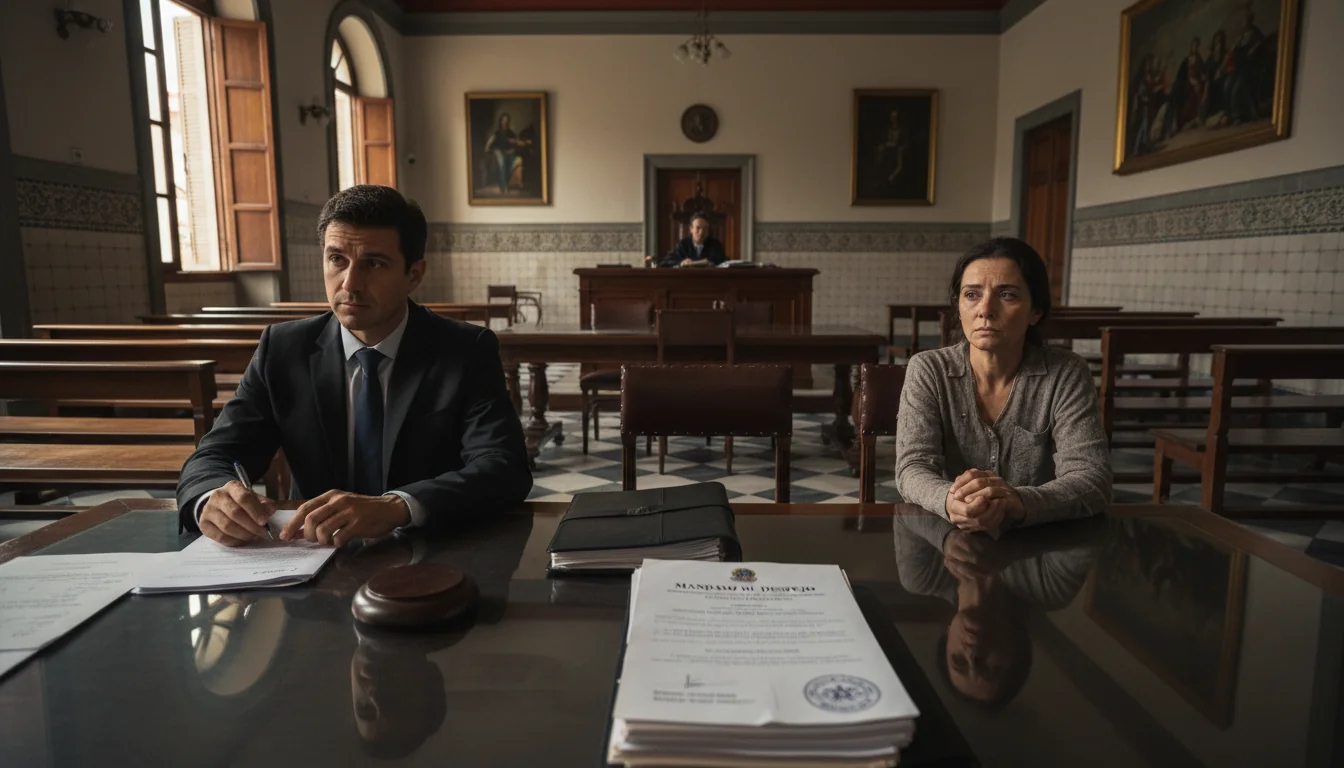 Courtroom eviction hearing scene