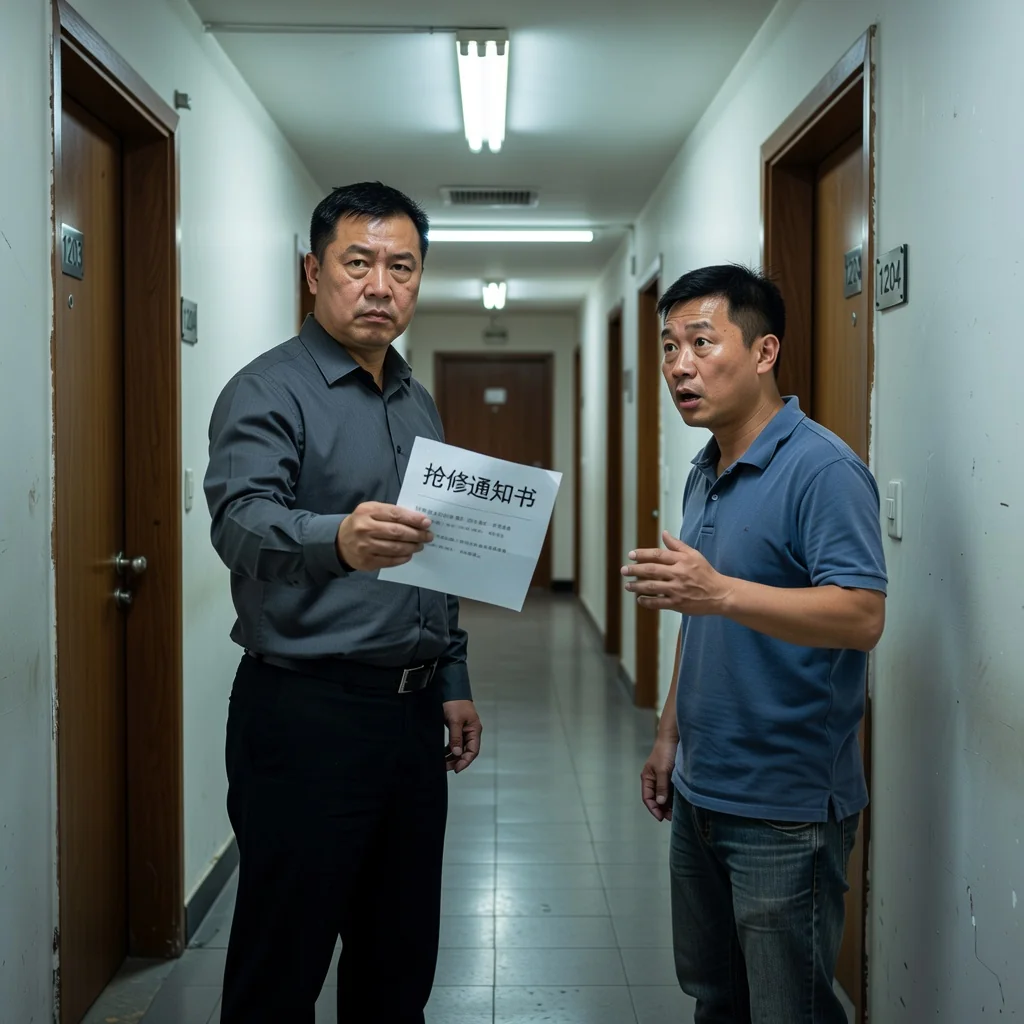 A photorealistic image depicting a tense confrontation between an adult landlord and an adult tenant in a modern Chinese apartment hallway, symbolizing the eviction process without showing any legal documents.