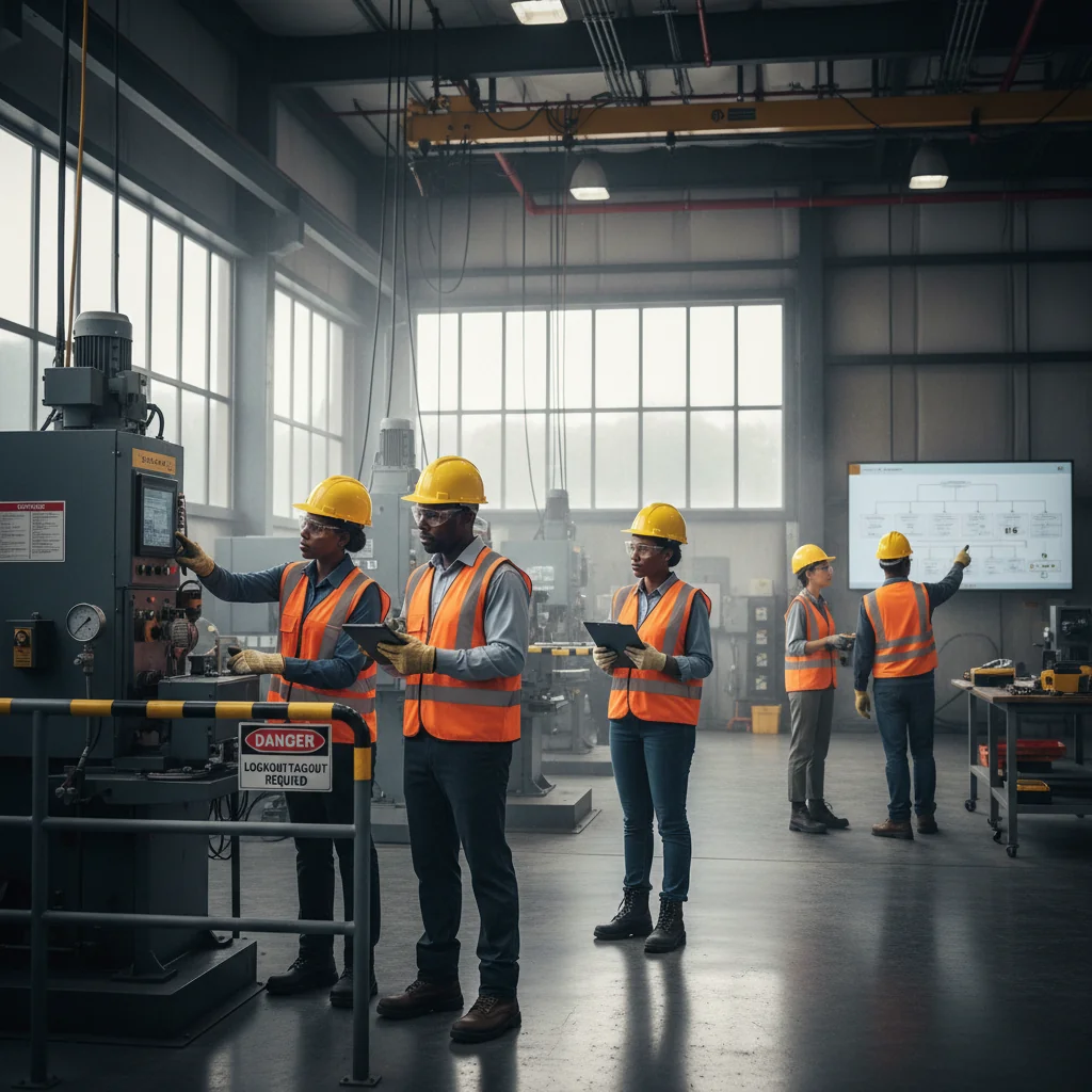 A photorealistic image depicting the practical implementation of occupational health and safety regulations in a workplace, showing diverse adult professionals in a modern factory or office environment conducting a safety inspection, wearing protective gear, and discussing compliance measures to ensure worker safety.