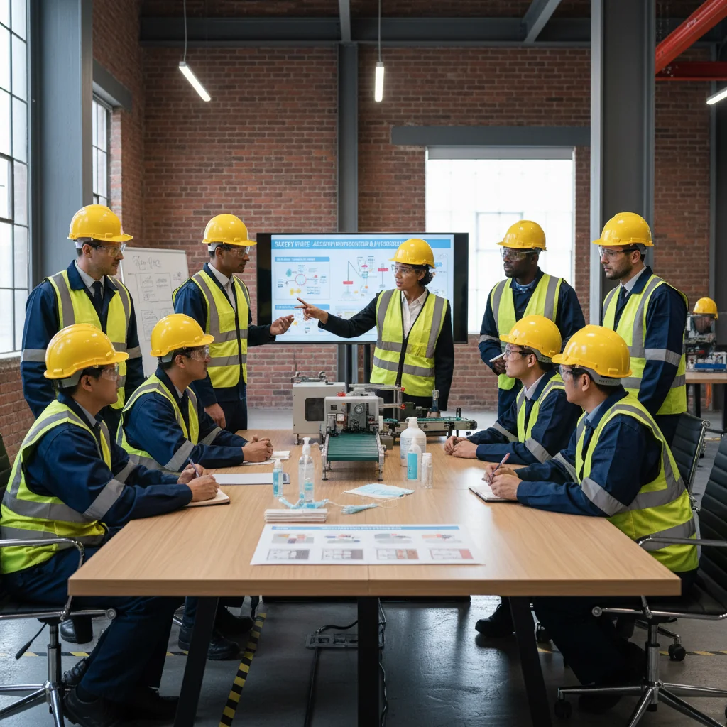 A photorealistic image of a diverse group of adult professionals in a modern workplace, engaged in a safety training session. They are wearing safety helmets and vests, reviewing safety guidelines on a whiteboard, with industrial equipment in the background, emphasizing workplace safety and hygiene. No children are present.