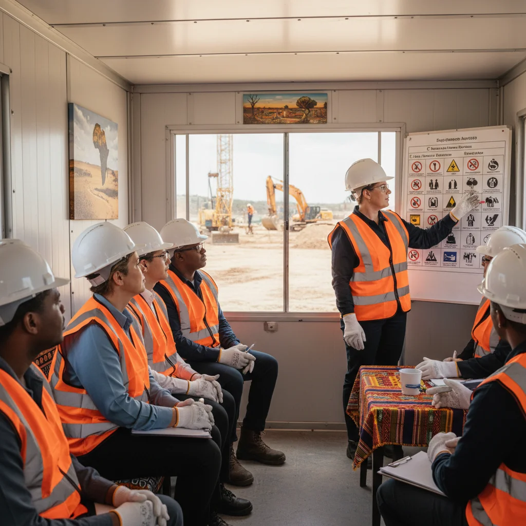 A photorealistic image of a diverse group of adult professionals in a South African workplace, engaged in a safety briefing. They are wearing safety helmets and high-visibility vests, discussing occupational health and safety procedures around a construction site or office environment, emphasizing teamwork and compliance with OHS standards. The scene conveys professionalism, safety awareness, and a positive work atmosphere. No children are present.