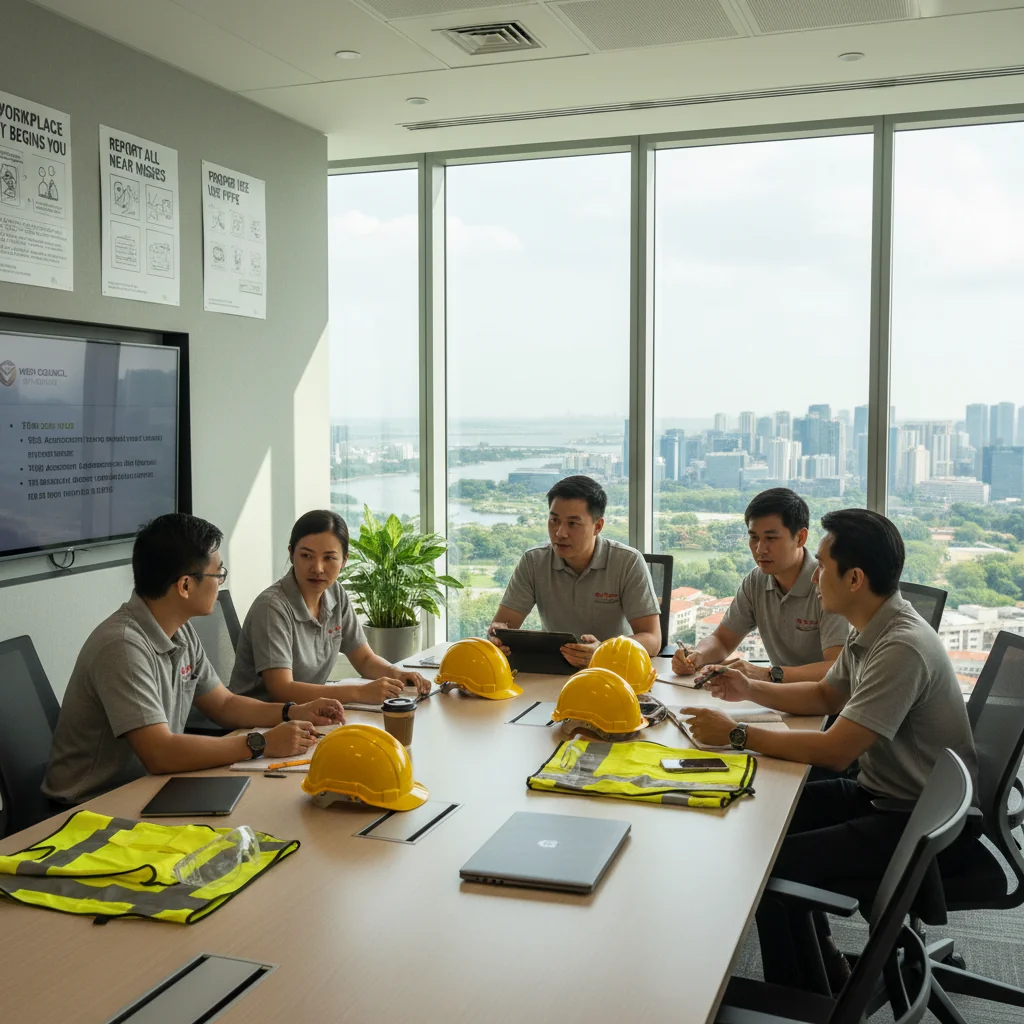 A photorealistic image of a diverse group of adult professionals in a modern Singapore office, engaged in a safety training session, reviewing guidelines on a whiteboard, with elements of workplace safety like helmets and safety signs in the background, conveying implementation of WSH manual guidelines.