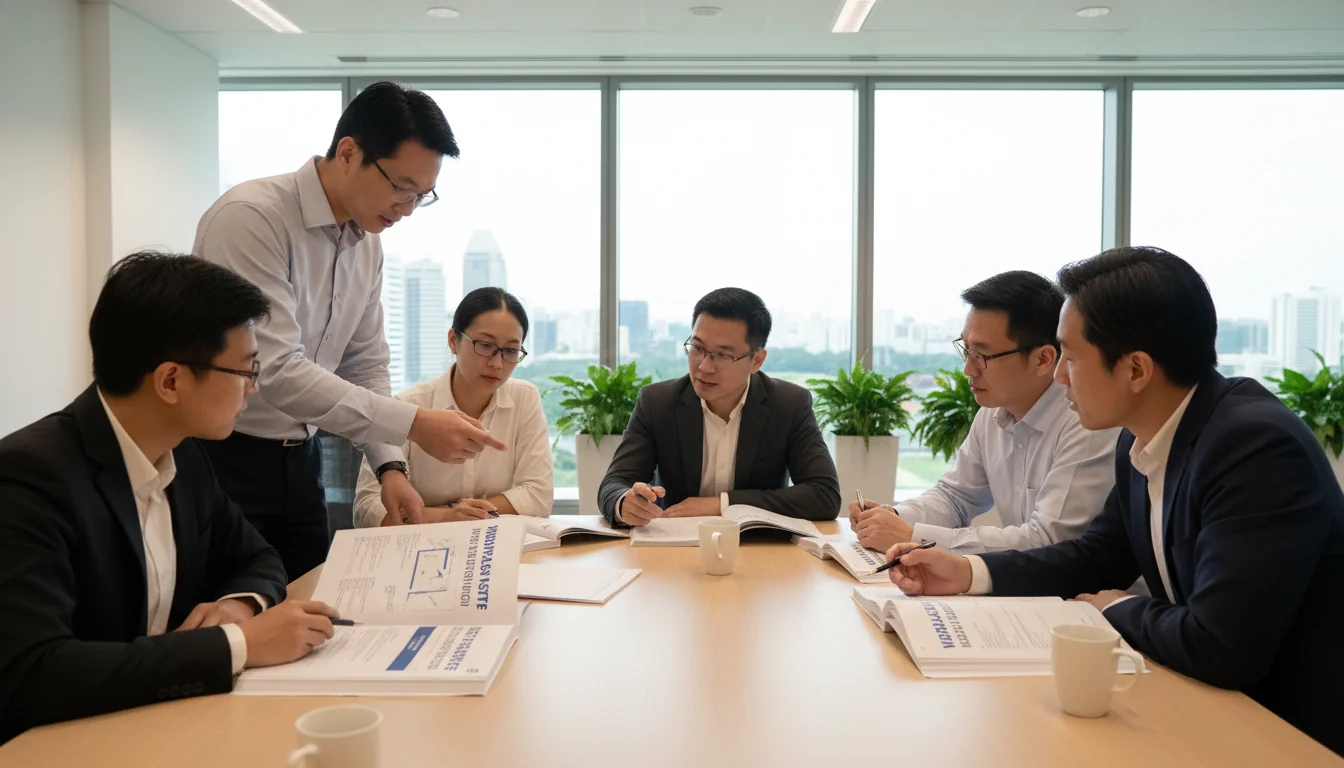 Diverse workers reviewing WSH guidelines