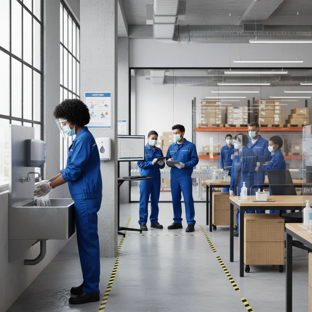 A photorealistic image of a diverse group of adult professionals in a modern workplace, actively engaged in hygiene and safety practices, such as wearing protective gear, sanitizing equipment, and following safety protocols, to represent the purpose of creating an effective hygiene and safety manual.