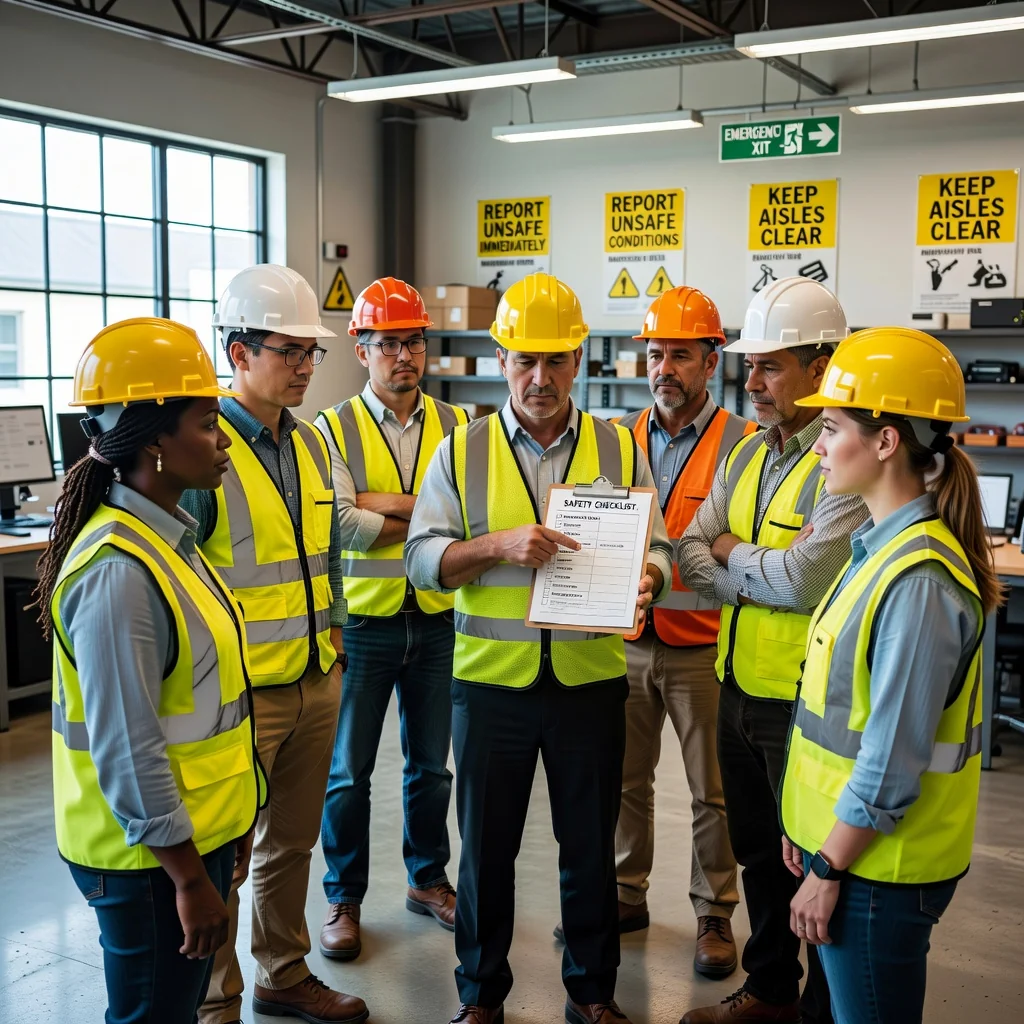 A photorealistic image representing workplace health and safety compliance in the United States, showing a diverse group of adult professionals in a modern office or industrial setting, wearing appropriate safety gear like helmets and vests, engaged in a safety training session or inspection, with safety signs and equipment visible in the background, emphasizing professionalism and compliance without focusing on documents.