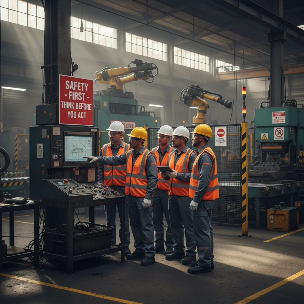 A photorealistic image of a diverse group of adult professionals in a modern industrial workplace, attentively reviewing safety protocols on a large screen, with safety helmets, protective gear, and hazard warning signs visible in the background, emphasizing workplace safety and labor protection without any corporate documents in focus.