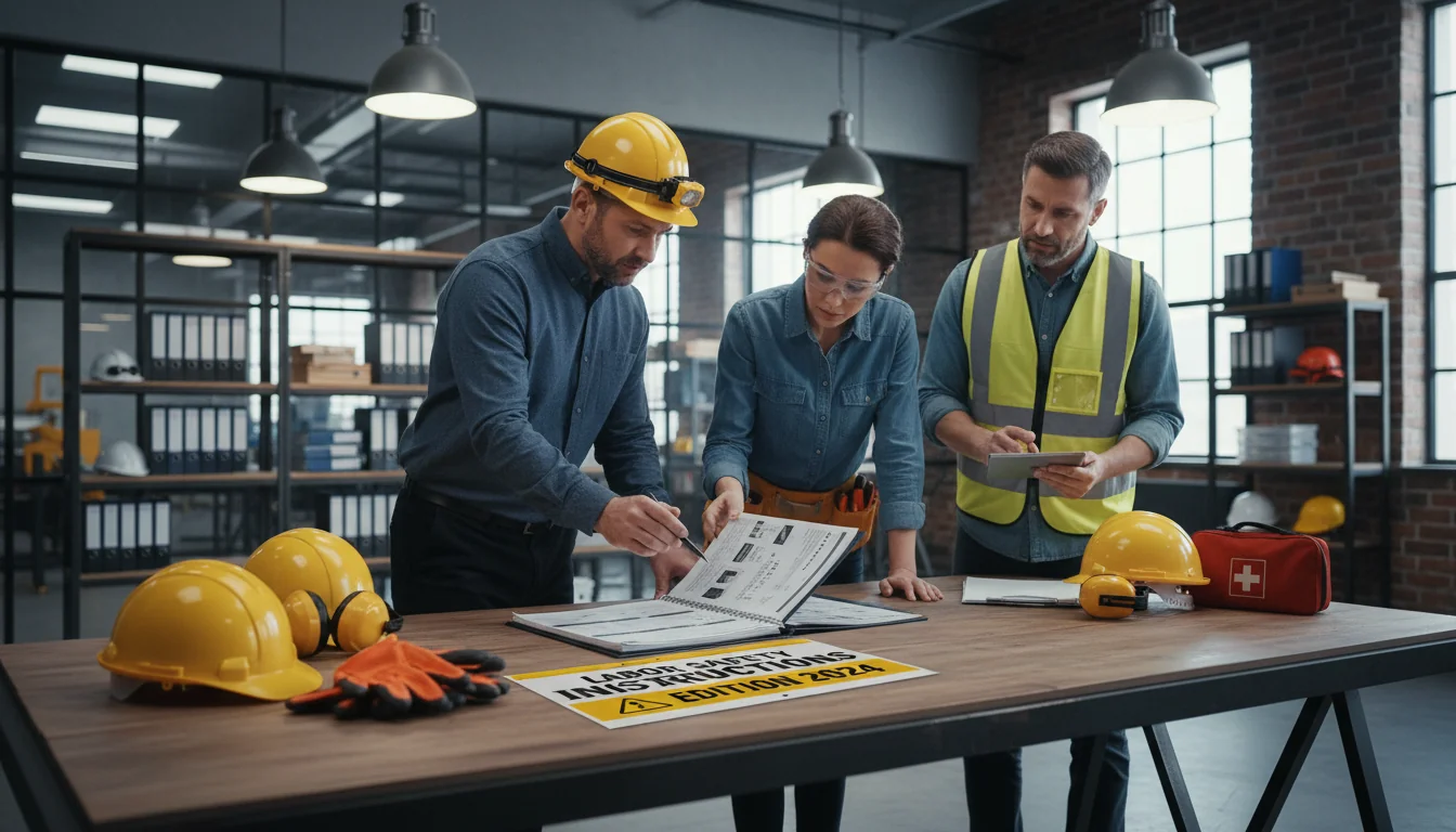 Workers reviewing safety manual.