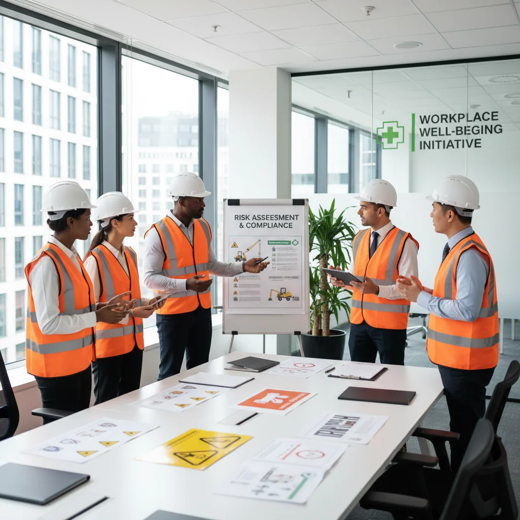 A photorealistic image of a diverse group of adult professionals in a modern UK office environment, engaging in a safety training session. They are wearing high-visibility vests and helmets, discussing hazard prevention around workplace equipment, symbolizing health and safety compliance for businesses. No children are present. The scene conveys professionalism, awareness, and teamwork.
