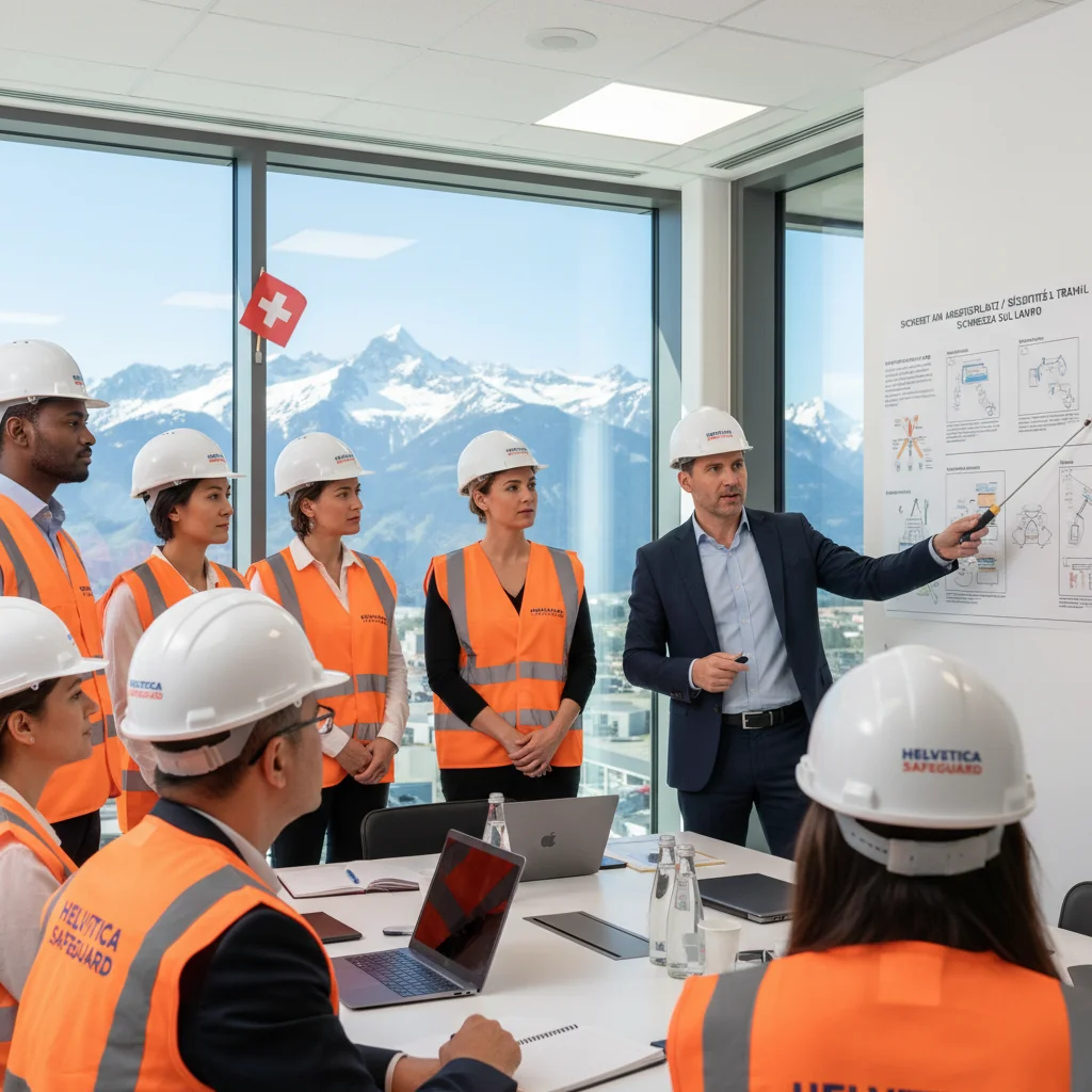 A photorealistic image of a diverse group of adult professionals in a modern Swiss workplace, engaged in a safety training session. They are wearing safety helmets and vests, reviewing safety guidelines on a whiteboard, with Swiss Alps visible through the office window in the background, symbolizing workplace safety in a Swiss company environment. No children are present.