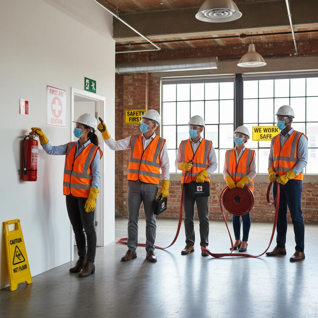 A photorealistic image of diverse adult professionals in a modern workplace, wearing safety gear like helmets and vests, engaged in a safety training session, with safety posters on the walls and emergency equipment visible, conveying health and safety at work.