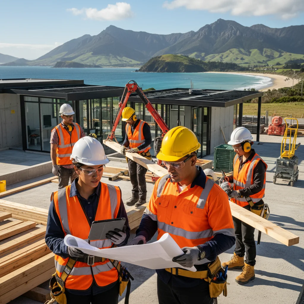 A photorealistic image depicting adult professionals in a New Zealand workplace setting, such as a construction site or office, engaged in safe work practices, wearing protective gear like helmets and high-visibility vests, symbolizing health and safety updates.