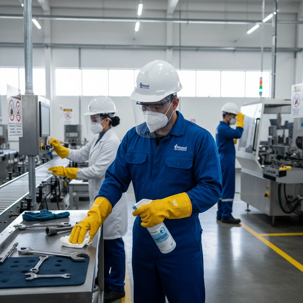 A photorealistic image depicting a diverse group of adult workers in a Brazilian industrial workplace, wearing safety helmets, gloves, and high-visibility vests, actively following hygiene protocols by sanitizing equipment and maintaining a clean, organized environment to emphasize workplace safety and health.