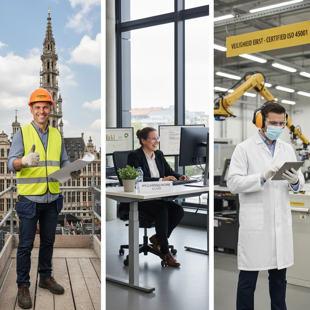 A photorealistic image depicting a safe and healthy work environment in Belgium, showing diverse adult professionals in various industries such as construction, office, and manufacturing, wearing proper safety gear, collaborating safely, with Belgian landmarks in the background to evoke a sense of national workplace security.