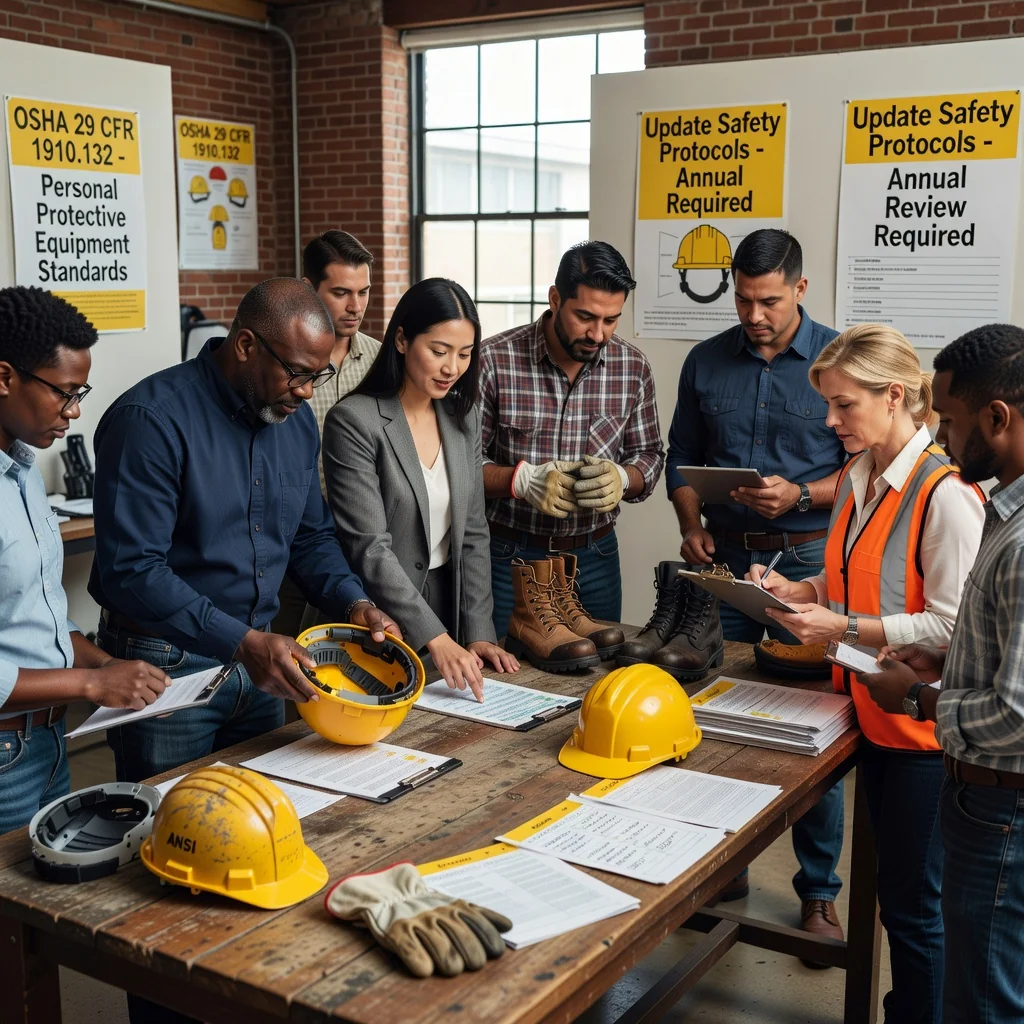 A photorealistic image of a diverse group of adult professionals in a modern workplace, actively reviewing safety equipment and discussing health protocols, symbolizing compliance with OSHA regulations. The scene conveys professionalism, safety awareness, and teamwork among adults only, with no children present.