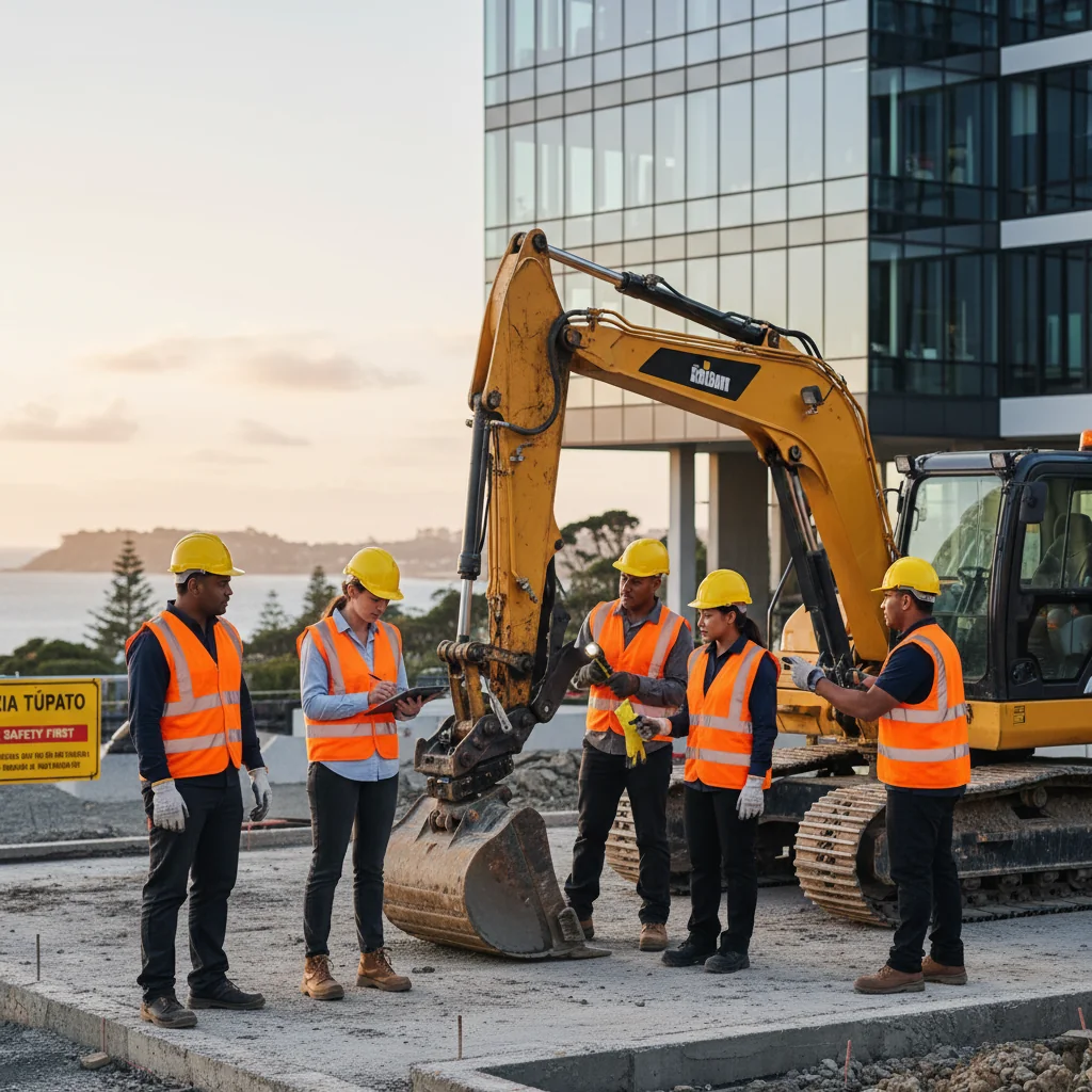 A photorealistic image depicting a diverse group of adult professionals in a New Zealand workplace setting, such as a construction site or office, engaging in safe work practices like wearing safety helmets, high-visibility vests, and following health protocols, with elements of New Zealand landscape in the background to evoke a sense of safety and compliance in a professional environment. No children are present.