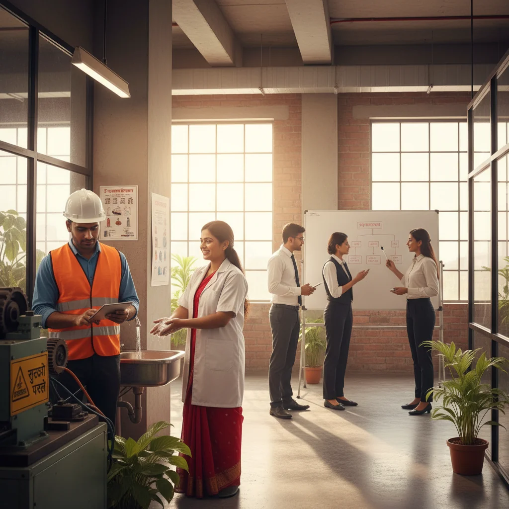 A photorealistic hero image depicting a diverse group of adult Indian professionals in a workplace setting, engaged in health and safety practices such as wearing protective gear, conducting a safety drill, or reviewing safety protocols together, symbolizing the importance of health and safety manuals in India. The scene should convey safety, professionalism, and well-being without focusing on any documents.