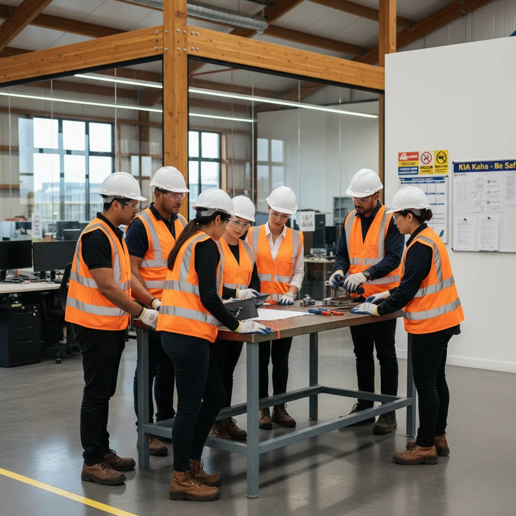 A photorealistic image of a diverse group of adult professionals in a modern New Zealand workplace, such as an office or factory, engaged in safe working practices. They are wearing appropriate safety gear like helmets and vests, discussing or reviewing safety protocols together, emphasizing health and safety in a professional environment. No children are present.