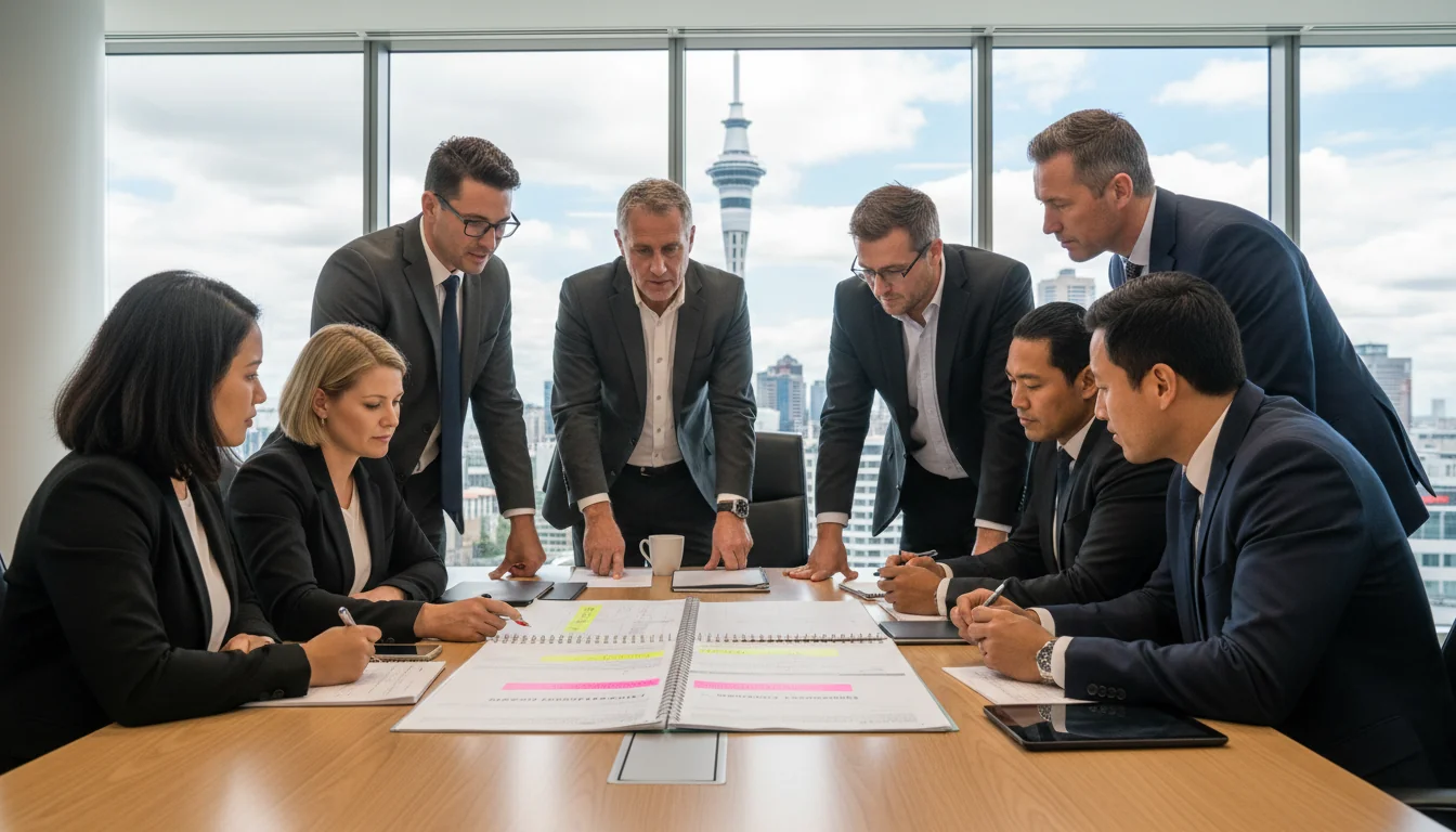 Workers reviewing safety manual.