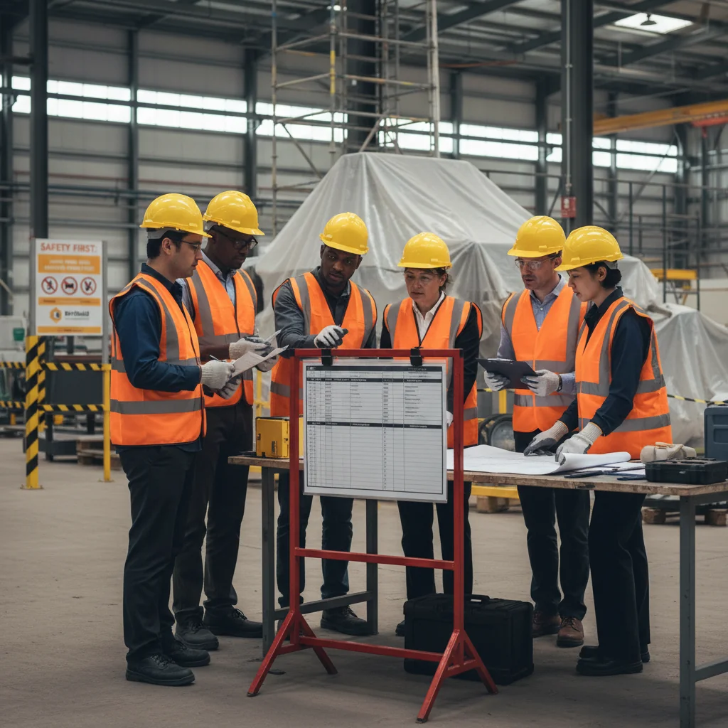 A photorealistic image depicting a diverse group of adult professionals in a modern UK workplace, such as an office or construction site, actively engaging in health and safety practices. Show adults wearing appropriate safety gear like helmets, high-visibility vests, and gloves, discussing safety protocols around a whiteboard or conducting a safety inspection, emphasizing a safe and collaborative work environment. No children are present in the image.