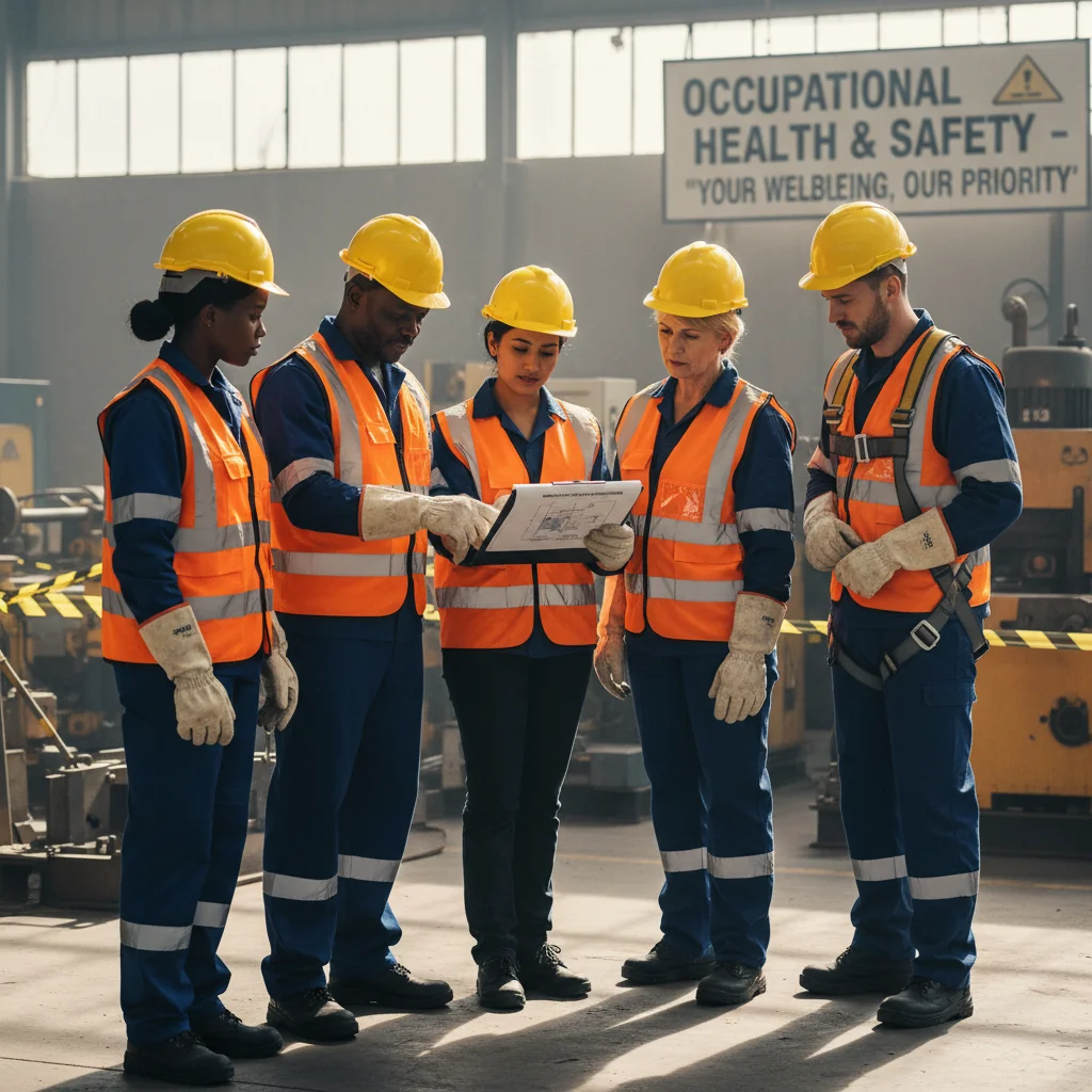 A photorealistic image of a diverse group of adult professionals in a modern workplace, wearing safety gear like hard hats and vests, conducting a safety inspection or training session, symbolizing occupational health and safety compliance in South Africa. The scene is vibrant and professional, emphasizing safety and teamwork without any documents visible.