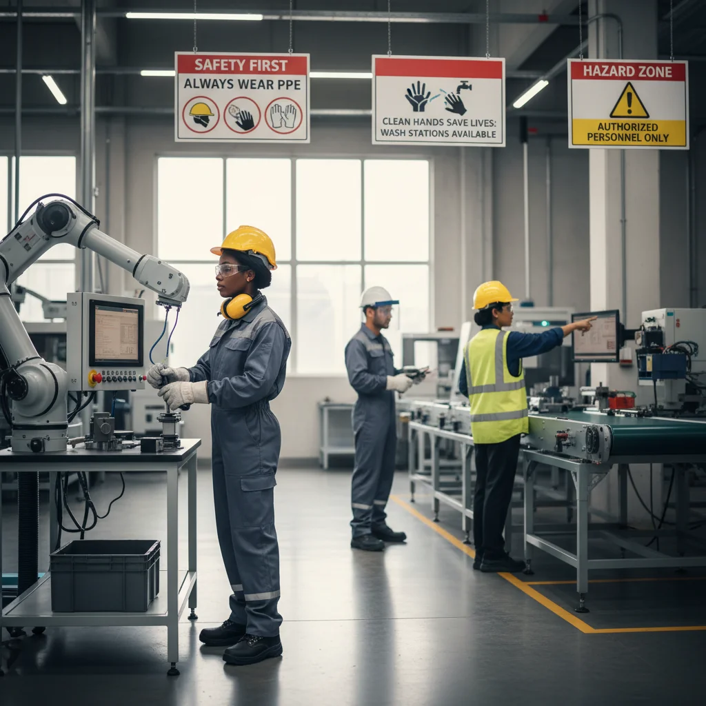 A photorealistic image depicting adult workers in a safe and hygienic industrial workplace, emphasizing occupational safety and health practices such as wearing protective gear, clean environment, and proper equipment handling, to represent the essence of a labor safety and hygiene handbook without showing any documents or children.