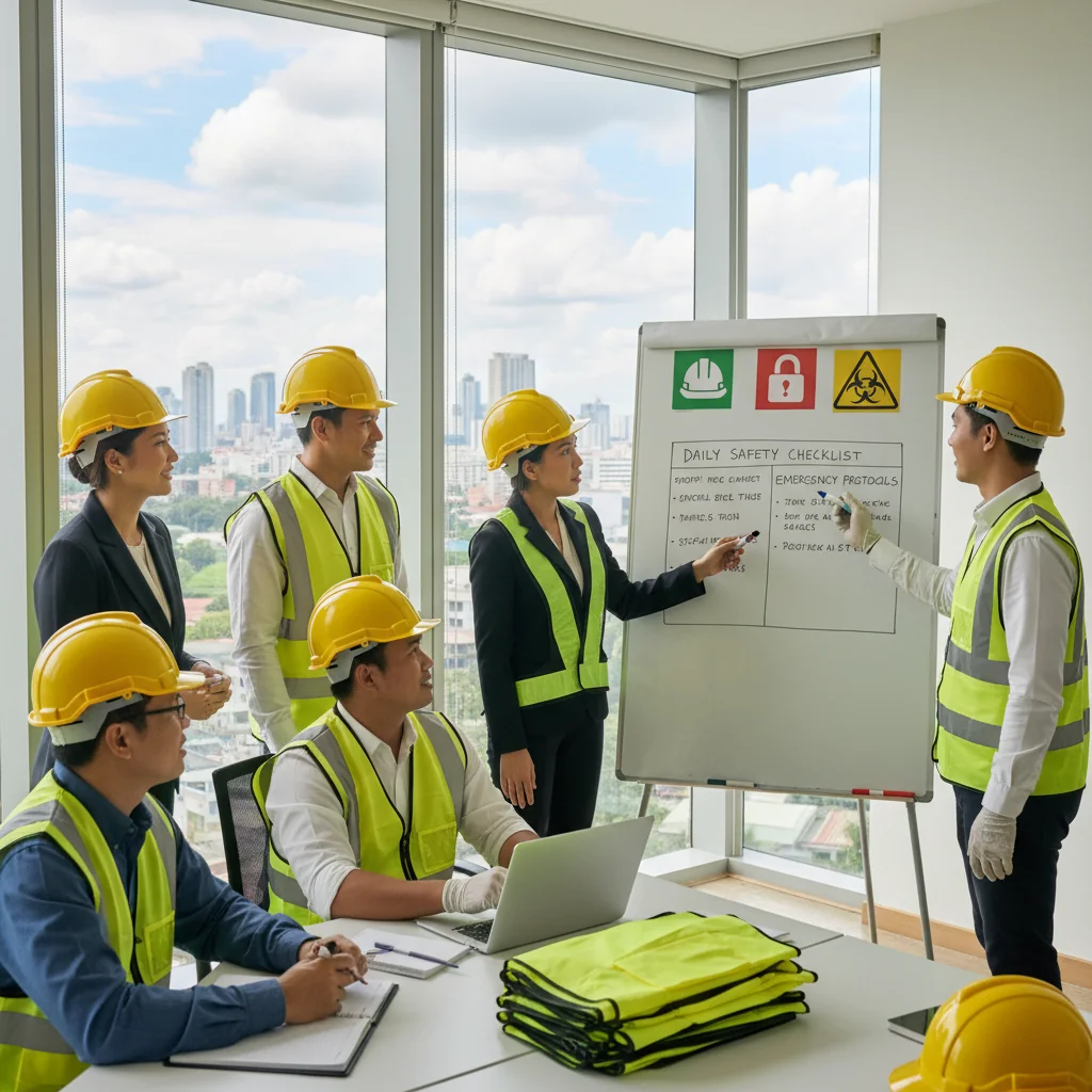 A photorealistic image of a diverse group of adult professionals in a modern workplace in the Philippines, engaged in a safety training session. They are wearing safety helmets and vests, reviewing health and safety guidelines on a whiteboard, with Philippine cultural elements like tropical plants in the background. The atmosphere is collaborative and focused on workplace well-being, emphasizing updates to health and safety regulations.
