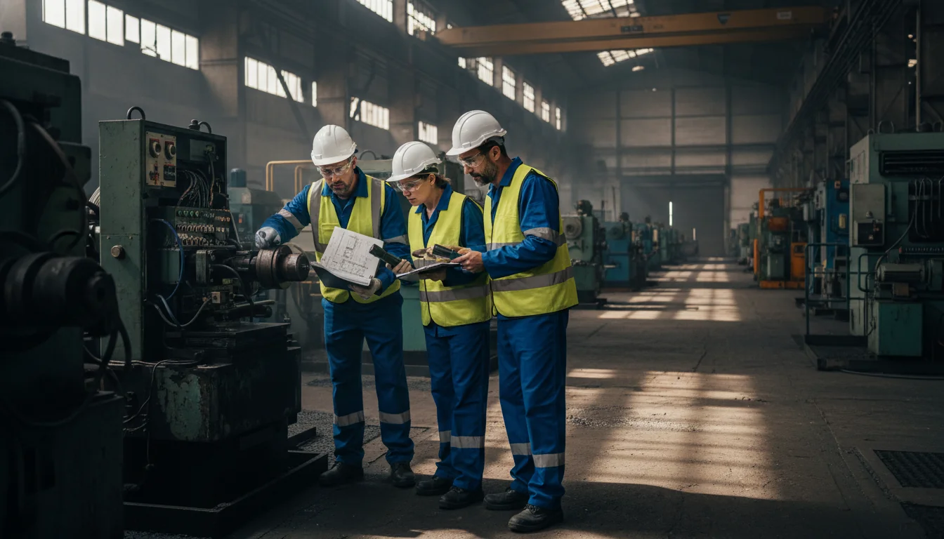 Inspecting workplace hazards in factory.