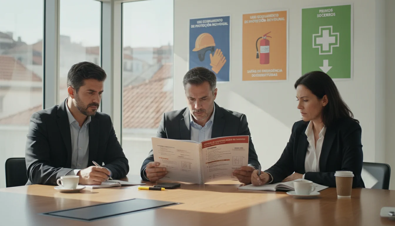 Workers reading safety manual in office.