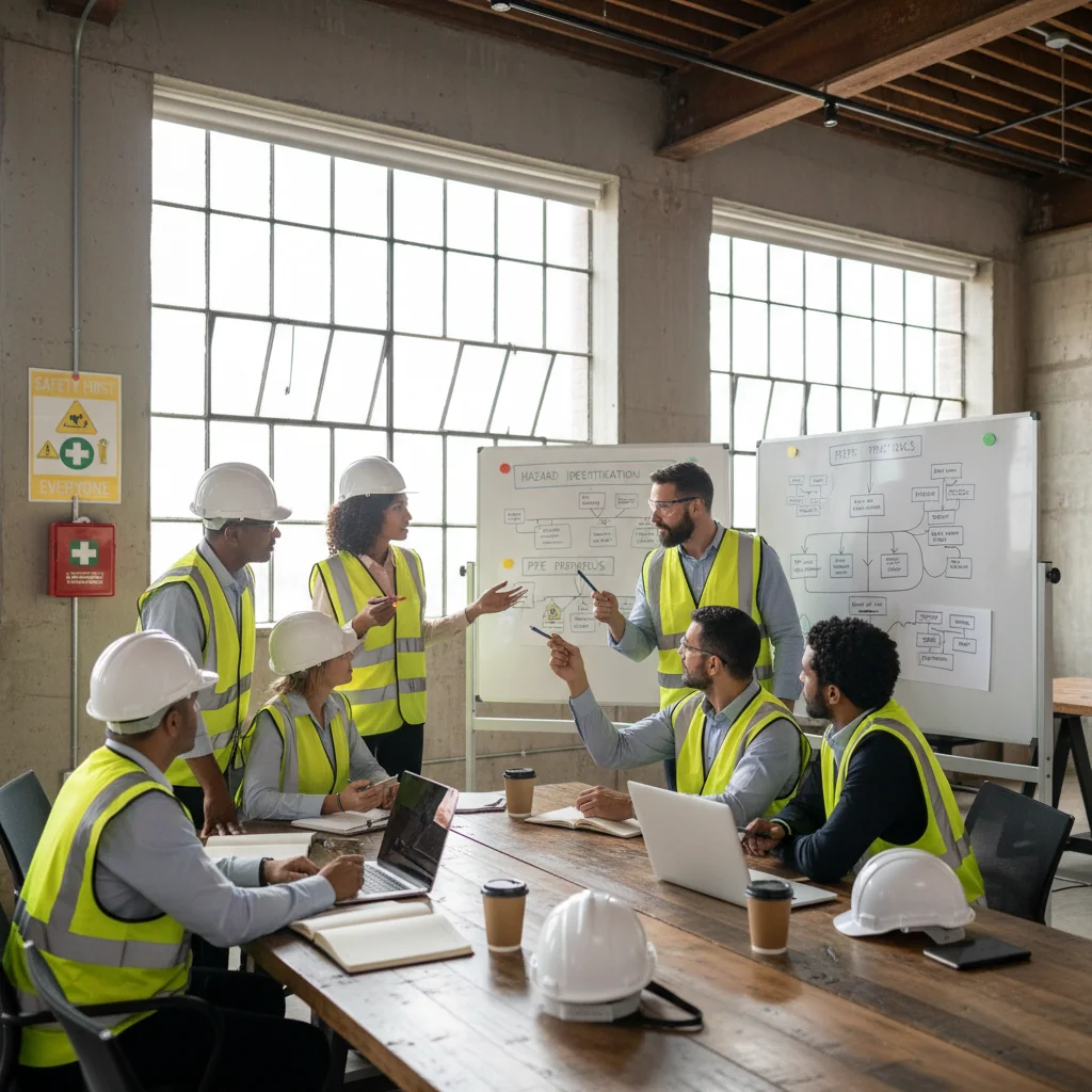 A photorealistic image depicting a diverse group of adult professionals in a modern workplace, engaged in a health and safety training session. They are wearing safety helmets and vests, discussing safety protocols around a whiteboard, emphasizing workplace safety and compliance without showing any documents.