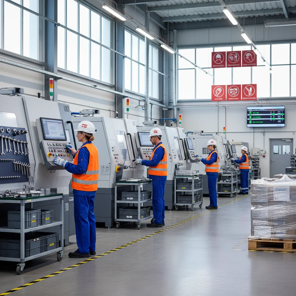 A photorealistic image depicting a safe and compliant industrial workplace in Austria, showing adult workers in protective gear operating machinery in a modern factory, emphasizing occupational safety and health regulations without any documents or text.