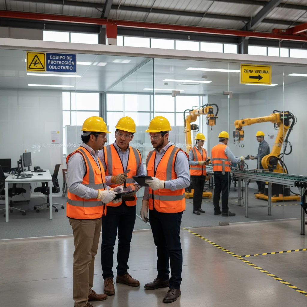 A photorealistic hero image depicting diverse adult professionals in a modern Mexican workplace, engaged in safe work practices such as wearing protective gear, discussing safety protocols, and maintaining a healthy environment, symbolizing health and safety in the workplace without focusing on any document.