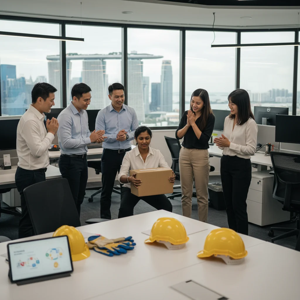 A photorealistic image of a diverse group of adult professionals in a modern Singapore office environment, actively participating in a workplace safety and health training session. One person is demonstrating proper lifting techniques with a box, while others observe attentively, emphasizing safety compliance and awareness. The setting includes subtle Singaporean elements like a city skyline view through windows, with safety signage visible but no focus on documents.