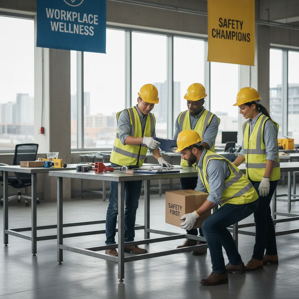 A photorealistic image of a diverse group of adult professionals in a modern workplace, engaging in health and safety activities such as wearing protective gear, conducting a team safety briefing, or performing ergonomic exercises, emphasizing occupational health and well-being without focusing on any documents.
