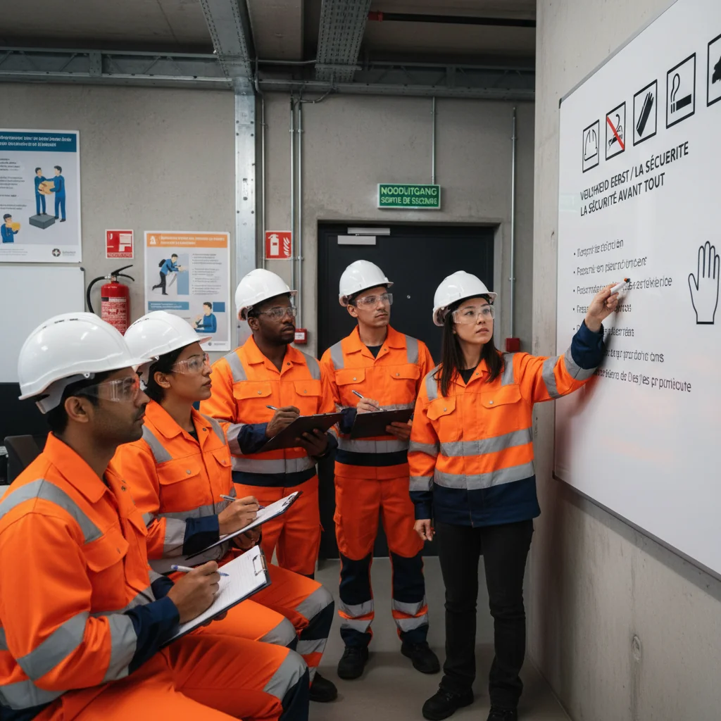 A photorealistic image of a diverse group of adult professionals in a modern Belgian workplace, engaged in a safety training session. They are wearing high-visibility vests and helmets, reviewing safety protocols on a whiteboard, with safety equipment like fire extinguishers and first-aid kits visible in the background. The scene conveys a sense of focus, collaboration, and workplace safety awareness. No children are present.