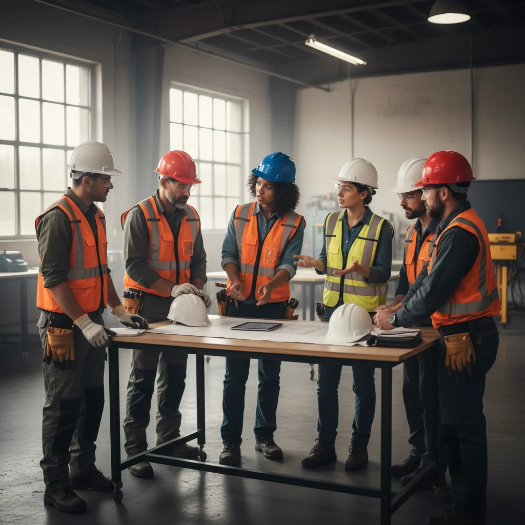 A photorealistic image of a diverse group of adult professionals in a modern Canadian workplace, such as an office or construction site, collaboratively reviewing safety equipment and guidelines on a whiteboard, symbolizing compliance and health in the work environment. No children are present.