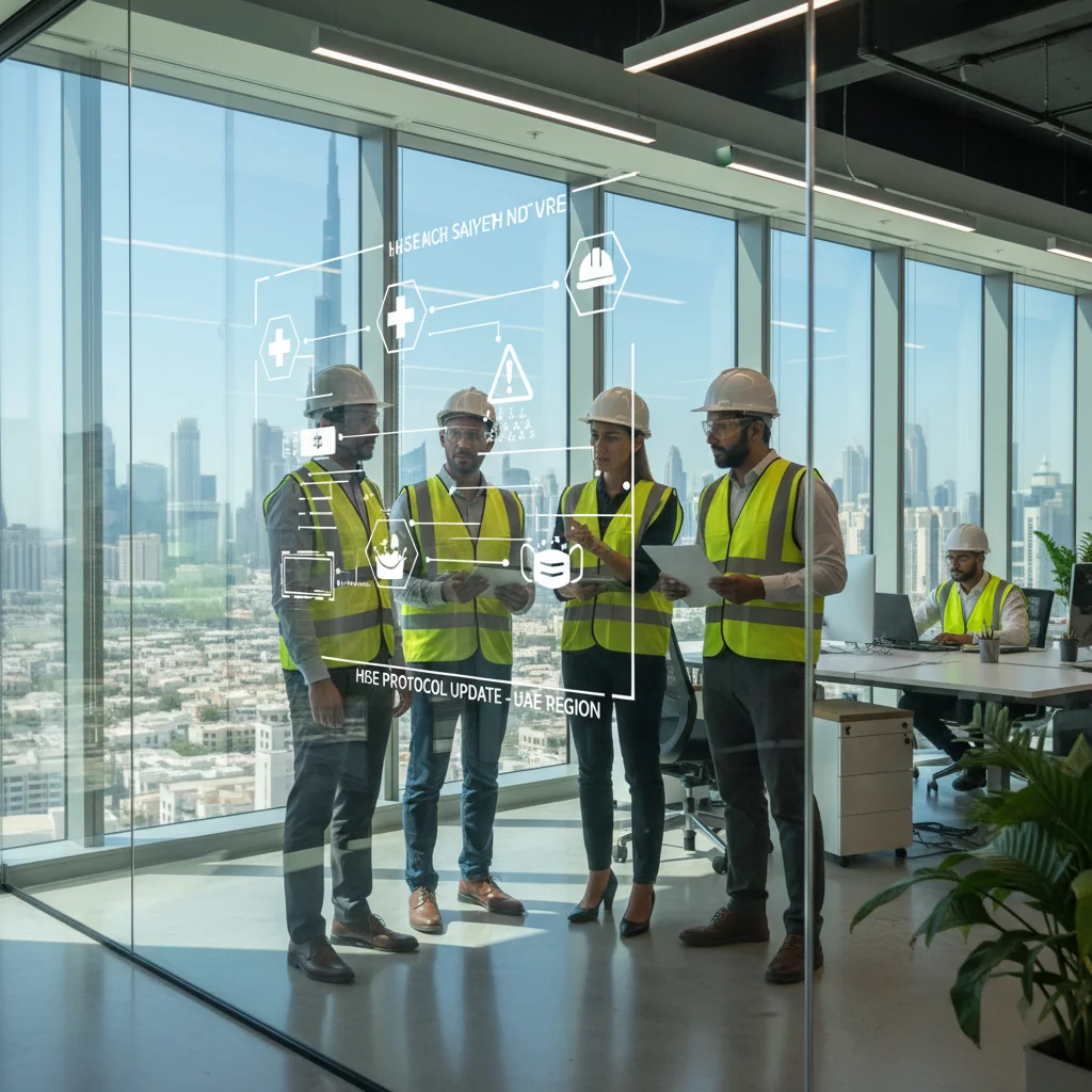 A photorealistic image representing health and safety updates in the UAE, showing a diverse group of adult professionals in a modern workplace in Dubai, wearing safety gear like helmets and vests, discussing updates on a digital screen with UAE skyline in the background, emphasizing safety compliance and well-being.