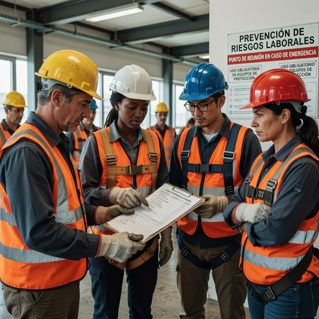 A photorealistic image depicting a diverse group of adult workers in a modern Spanish workplace, such as a construction site or office, actively engaging in safe work practices: one worker wearing a hard hat and safety harness on scaffolding, another using protective gloves while handling tools, and a third reviewing a safety checklist on a tablet. The scene emphasizes teamwork, vigilance, and risk prevention, with clear signage for safety protocols in the background, conveying the importance of occupational health and safety in a professional Spanish environment. No children are present.